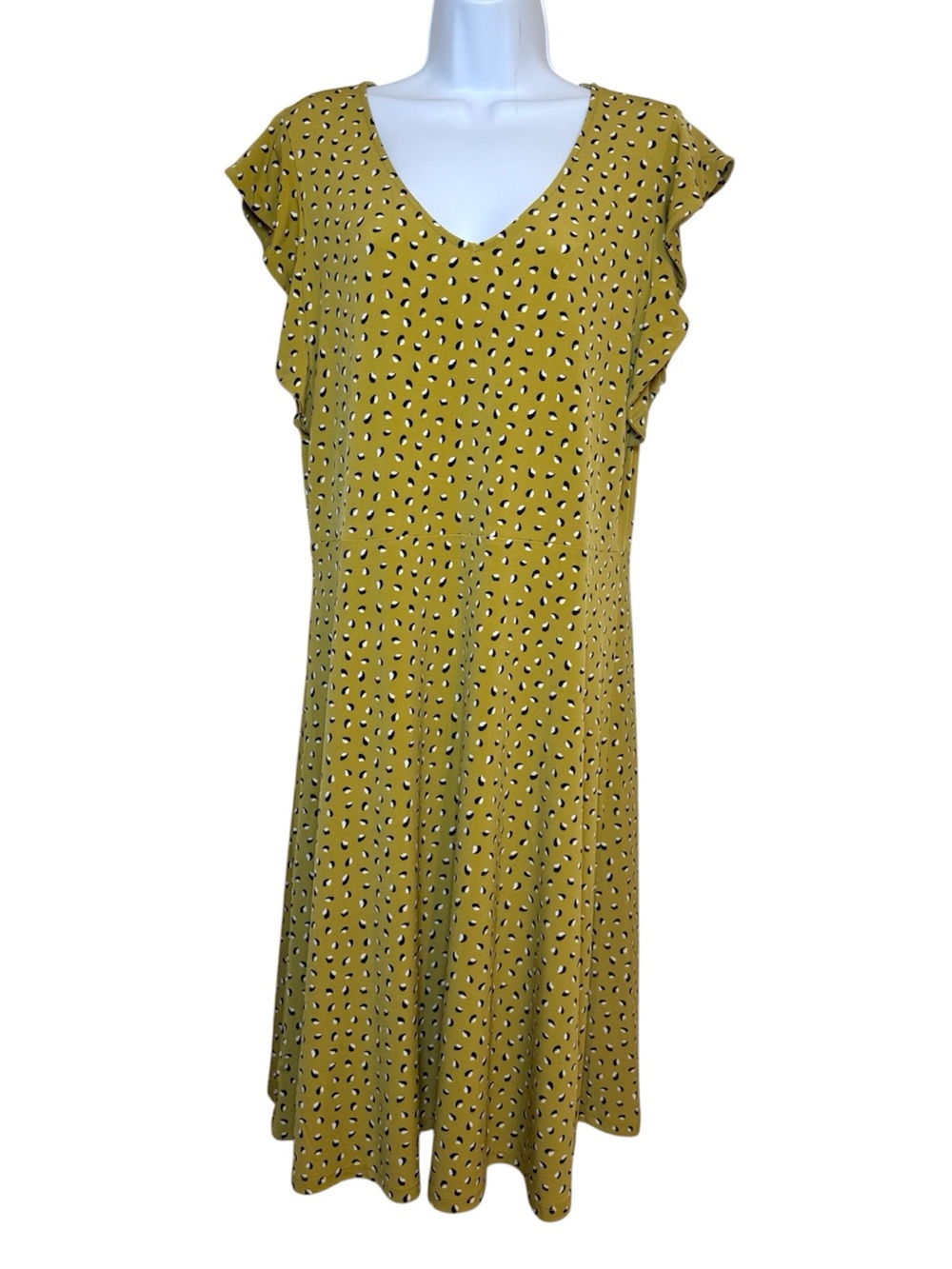 Ann Taylor Factory Mustard Yellow Dot Dress Flutter Sleeve Fit & Flare Office